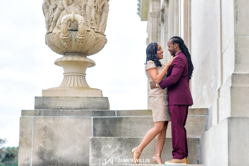 Couple engagement photos at The New Orleans Museum of Art with Formal Wear