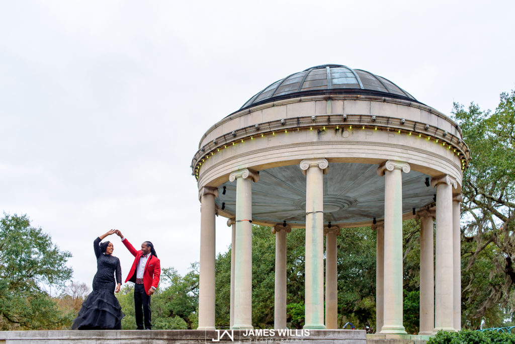 Couple engagement photos at The New Orleans City Park with Formal Wear